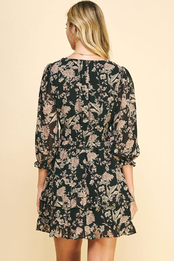 Floral Smocked Waist Dress Black