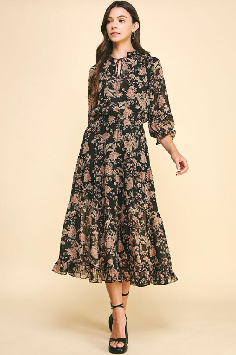 Vintage Floral Tie Dress Black