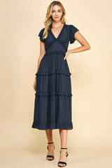 Ruffle Tea Length Dress Deep Navy