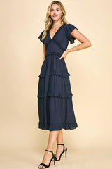 Ruffle Tea Length Dress Deep Navy