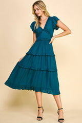 Ruffle Tea Length Dress Teal