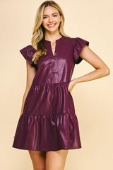 Faux Leather Tiered Dress Eggplant