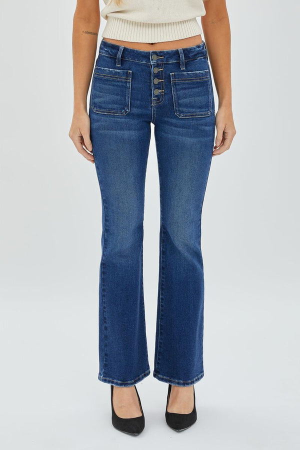 Happi Front Pocket Button Up Flare Jeans Dark