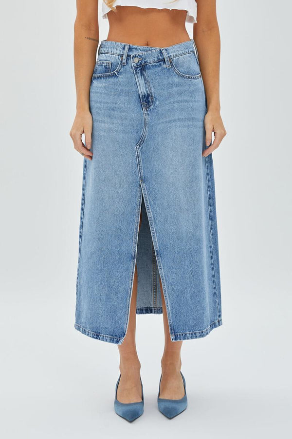 Peyton Front Slit Crossover Denim Skirt