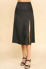 Satin Side Slit Midi Skirt Black