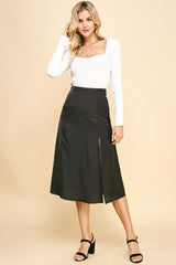 Satin Side Slit Midi Skirt Black