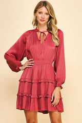 Satin Pleated Ruffle Long Sleeve Mini Dress Dusty Rose