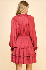 Satin Pleated Ruffle Long Sleeve Mini Dress Dusty Rose