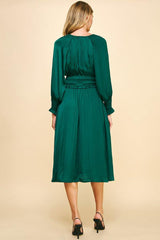 Tie Neck Ruffle Waist Satin Midi Dress Hunter Green