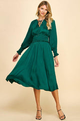 Tie Neck Ruffle Waist Satin Midi Dress Hunter Green