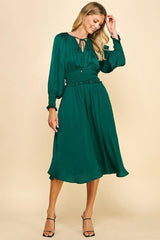 Tie Neck Ruffle Waist Satin Midi Dress Hunter Green