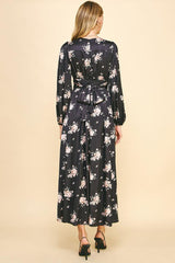 Satin Floral Print Slit Skirt Maxi Dress Black
