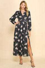 Satin Floral Print Slit Skirt Maxi Dress Black