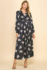 Satin Floral Print Slit Skirt Maxi Dress Black