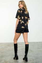 Puff Sleeve Printed Cheetahs Top Black