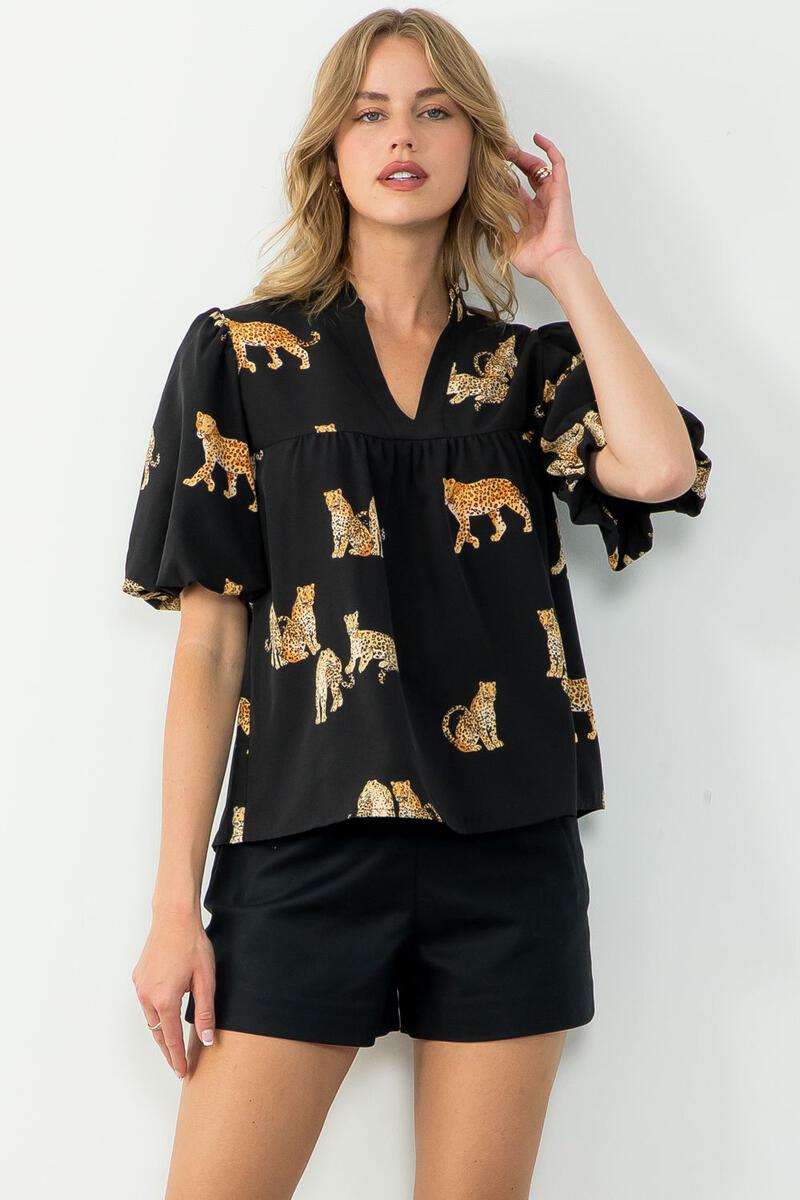 Puff Sleeve Printed Cheetahs Top Black