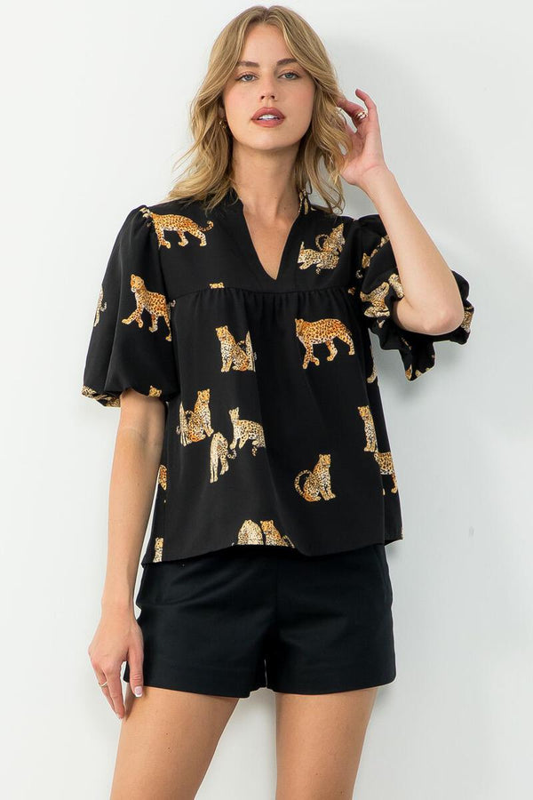 Puff Sleeve Printed Cheetahs Top Black