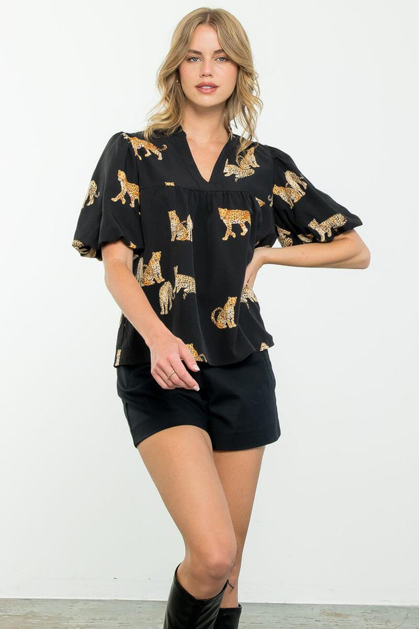 Puff Sleeve Printed Cheetahs Top Black