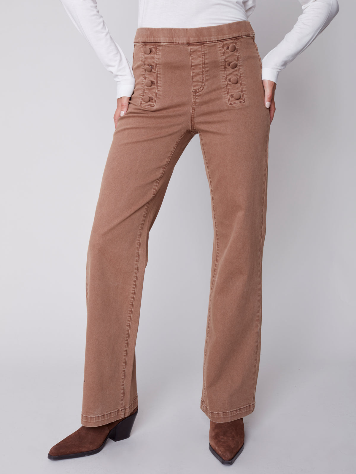 Detailed Button Waist Flare Jeans Truffle