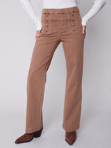 Detailed Button Waist Flare Jeans Truffle