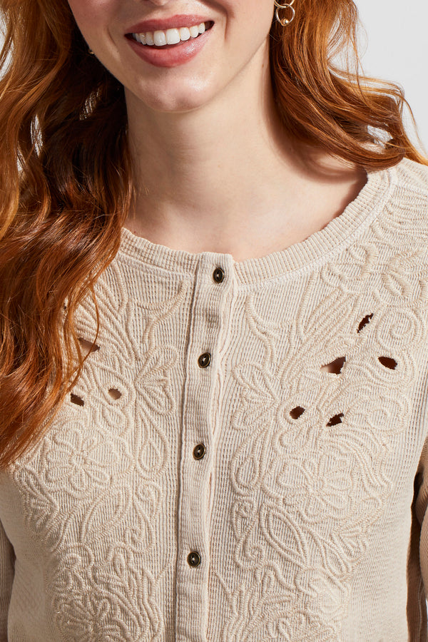 Button Down Embroidered Henley Top Bone