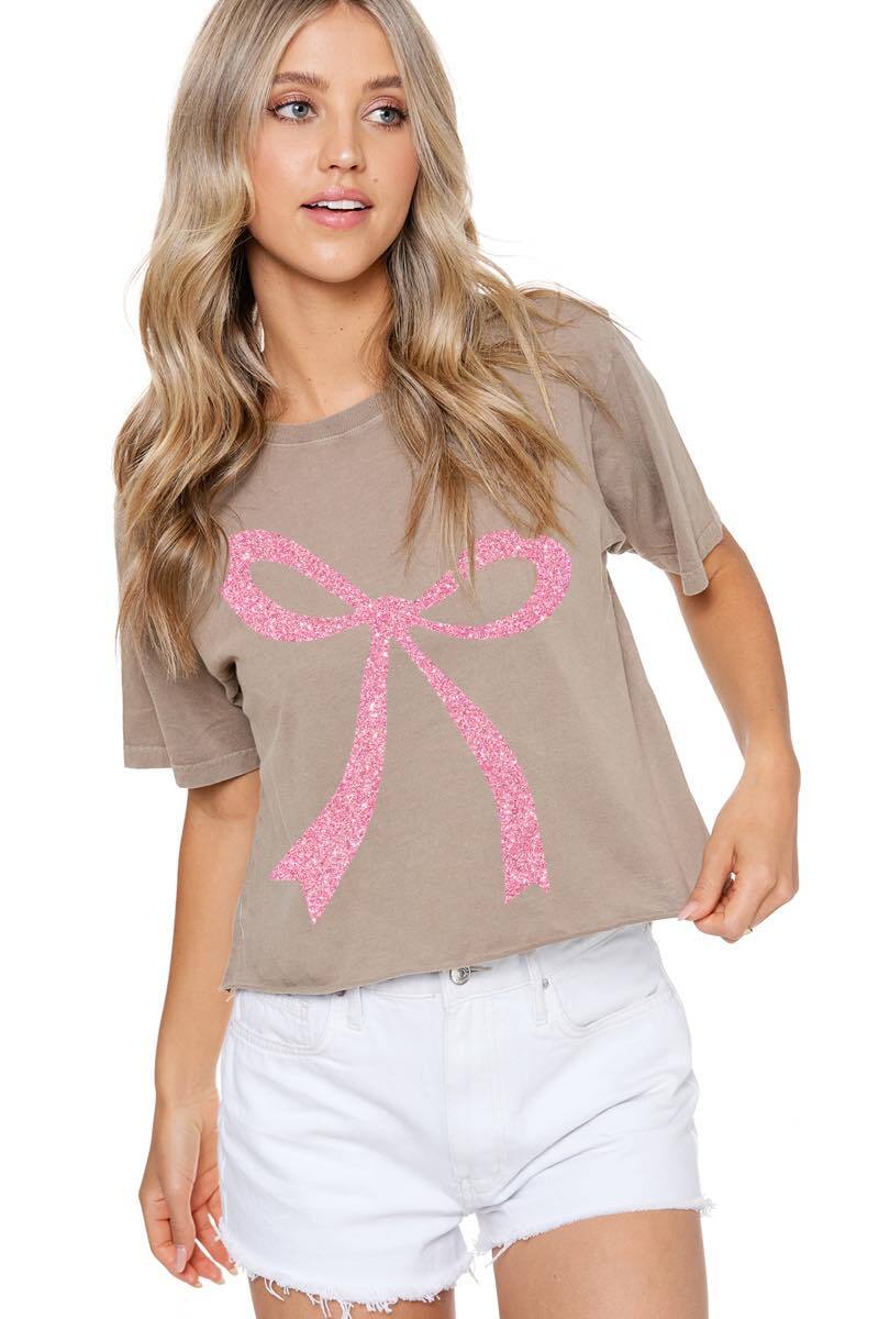 Glitter Ribbon Cropped Tee Mocha
