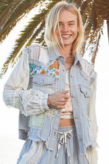 Mix Textured Print Patchwork Denim Jacket Light Denim