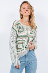 Open Knit Crochet Squares Sweater Sage