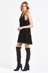Eliza Crushed Velvet Tiered Dress Black