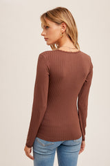 Lace Trimmed Wide Rib Long Sleeve Top Chocolate