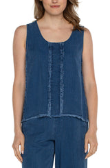 Fray Panel Insets Scoop Neck Tank Indigo Pinstripe