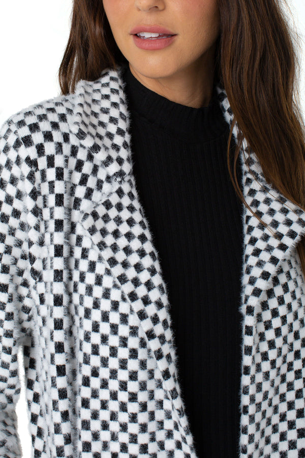 Open Front Cardigan Sweater Coat Black + White Mini Check