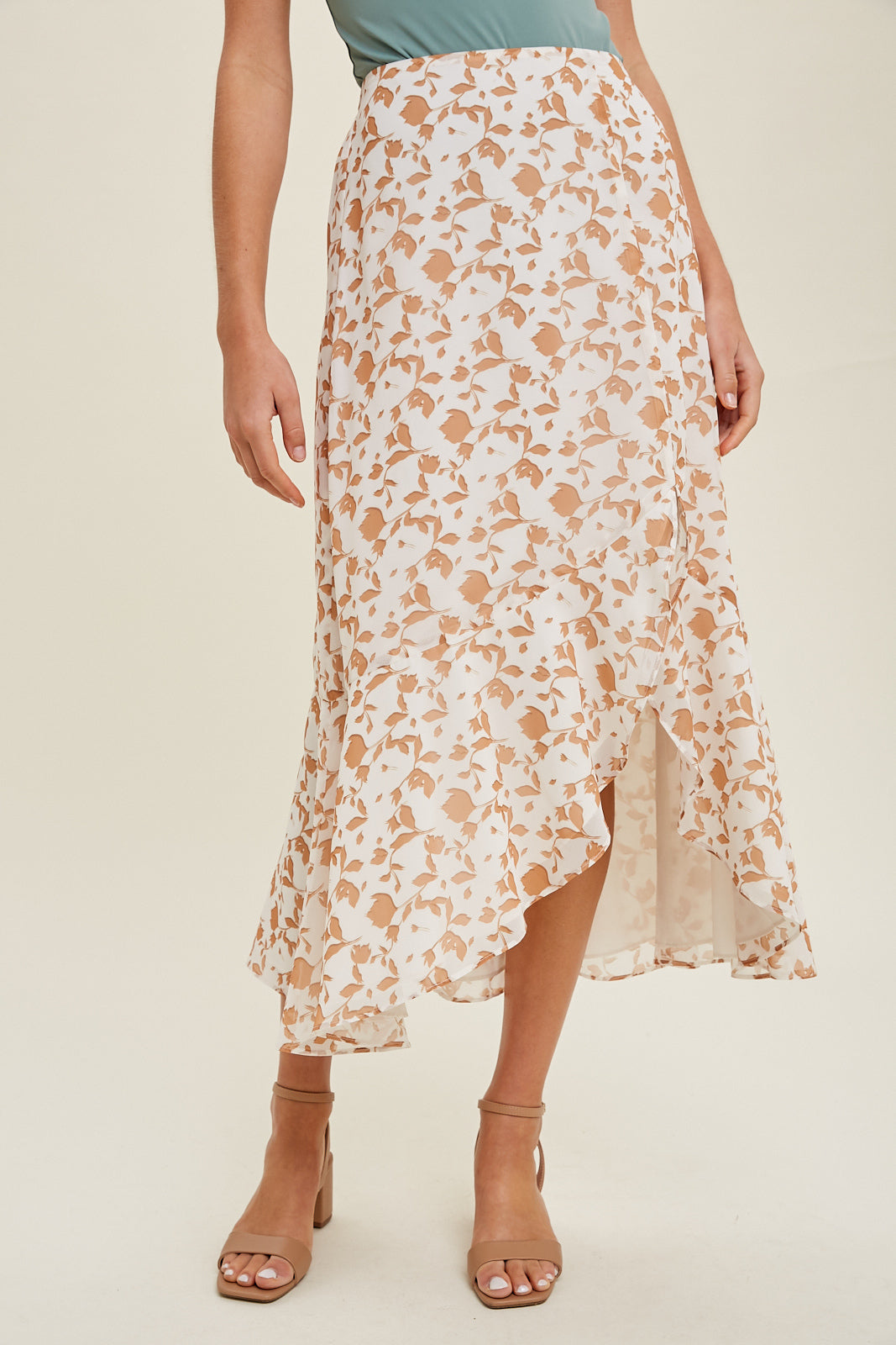 Floral Asymmetric Ruffle Hem Skirt Cream + Amber