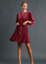 Velvet Round Neck Tie Belt Mini Dress Sangria