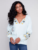 Printed Balloon Sleeve Tencel Blouse Denim