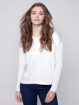 Satin Contrast Knit Top Ecru