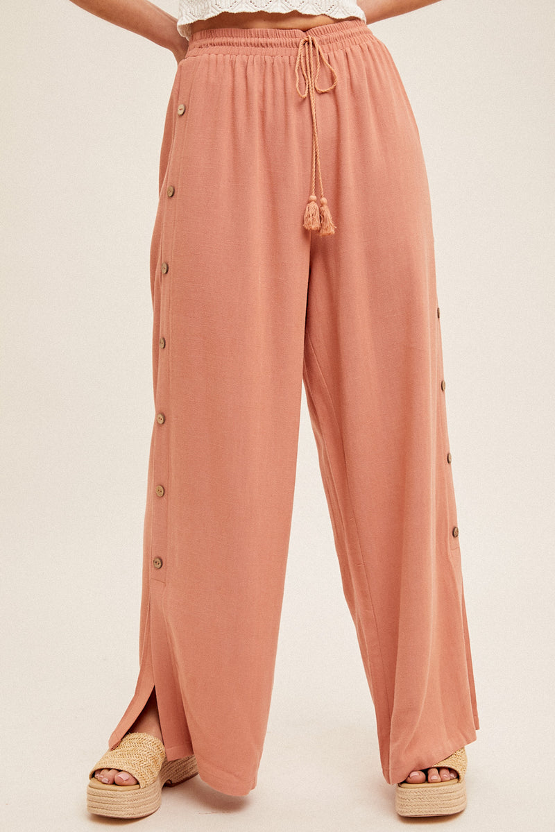 Button Side Detail Wide Leg Pants Dark Peach