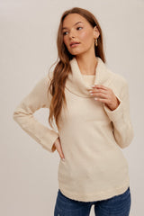 Folded Sleeve Cuff Cowl Sweater Ecru