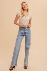 Lace Up Front Scallop Hem Sweater Top Light Grey