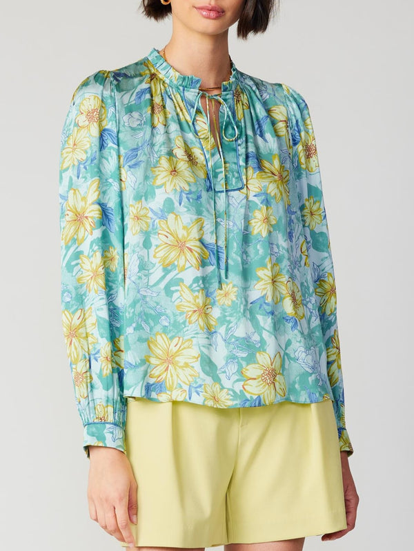 Daisy Floral Ruffle Tie Neck Blouse Sage Multi