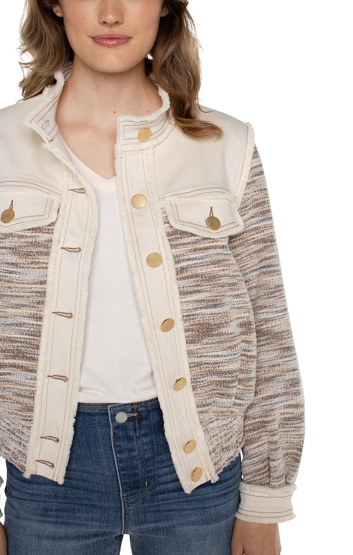 Cropped Denim Boucle Mix Fray Jacket Ecru Multi