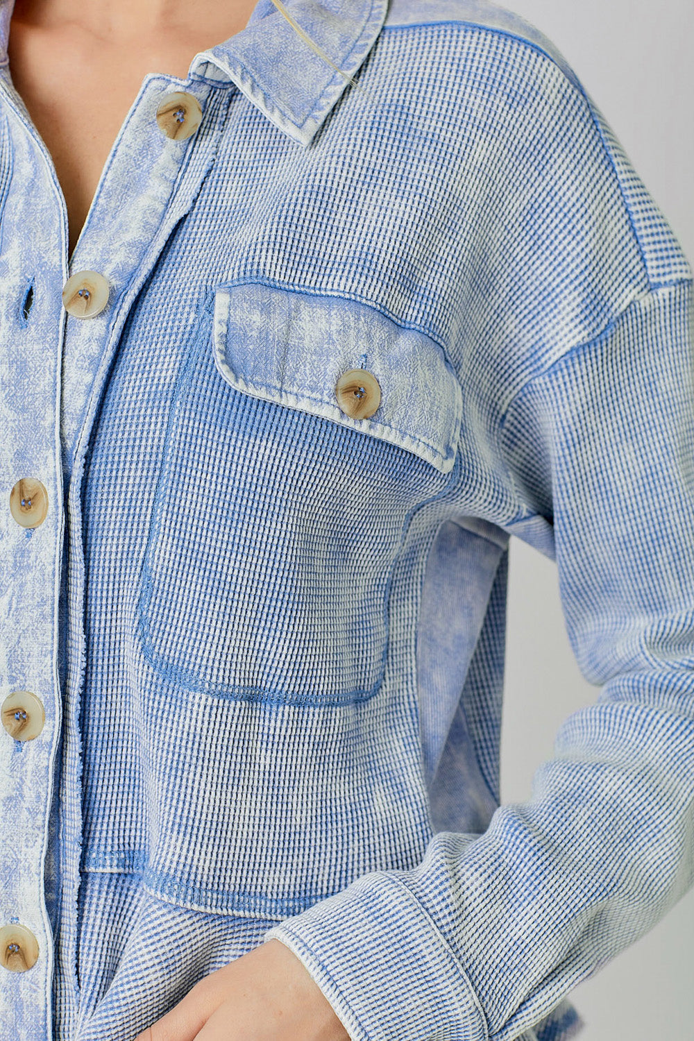 Washed Waffle Knit Ruffle Hem Cropped Jacket Blue