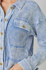 Washed Waffle Knit Ruffle Hem Cropped Jacket Blue