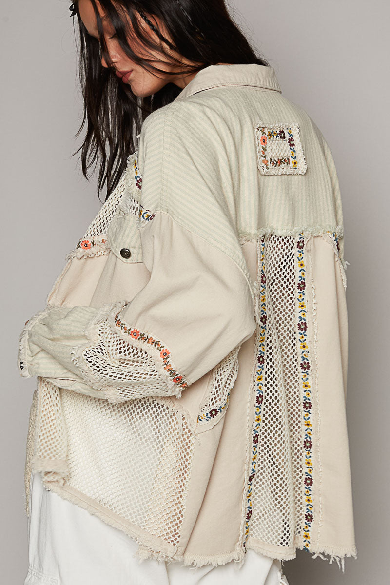 Fray Detail Stripe Fishnet Patchwork Jacket Natural Multi