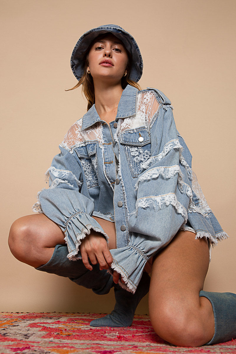 Sheer Lace Paneled Emb. Pocket Denim Jacket