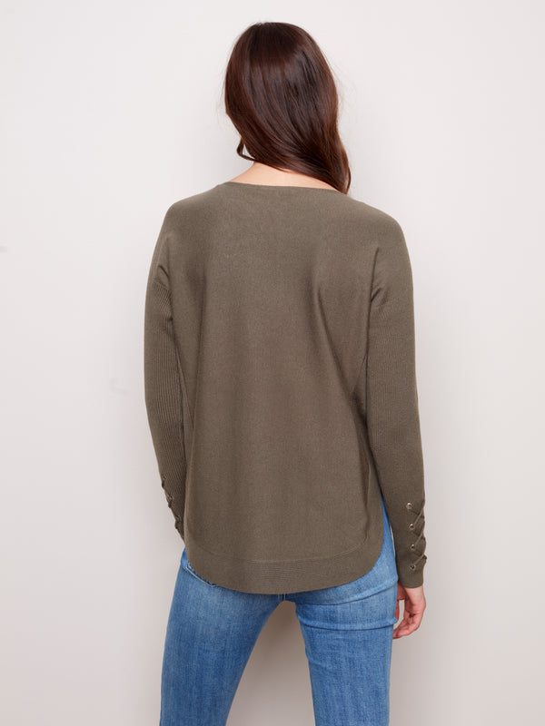 Cuff Lace Up Detail Sweater Pine