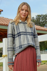 Checker Plaid Stripe Hem Sweater Grey