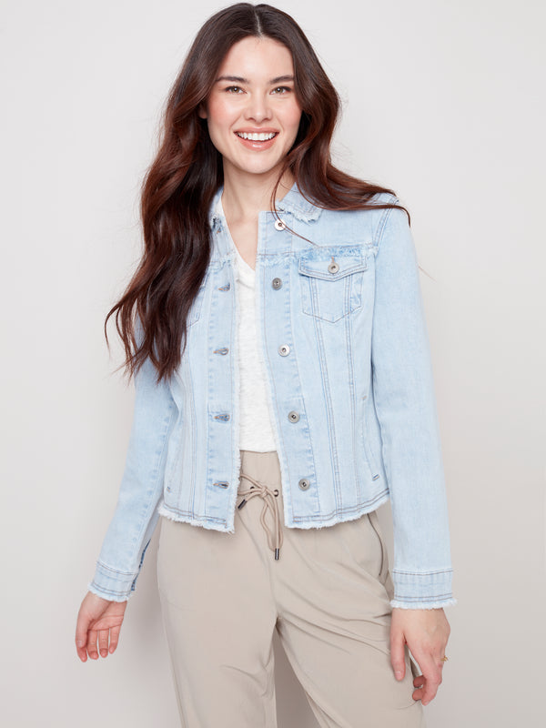 Stretch Denim Frayed Edge Jacket Bleach Blue