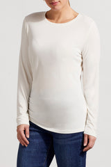 Side Ruche Long Sleeve Crew Neck Shirt Cream