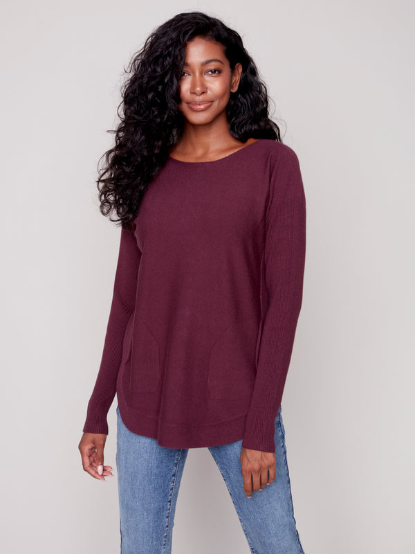 Rounded Hem Plushy Knit Back Detail Sweater Port
